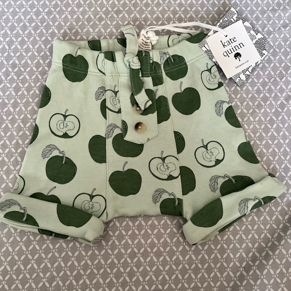 NWT- Kate Quinn 0-3 month organic cotton shorts, apple print